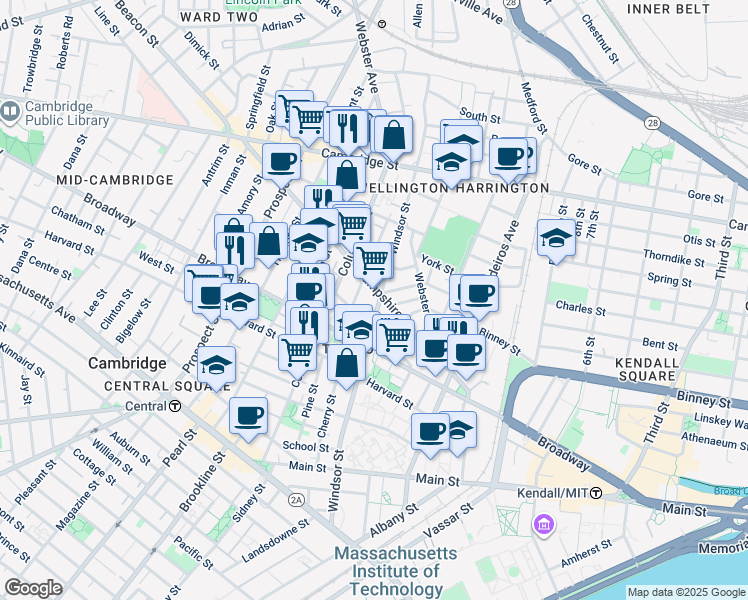 map of restaurants, bars, coffee shops, grocery stores, and more near 100 Hampshire Street in Cambridge