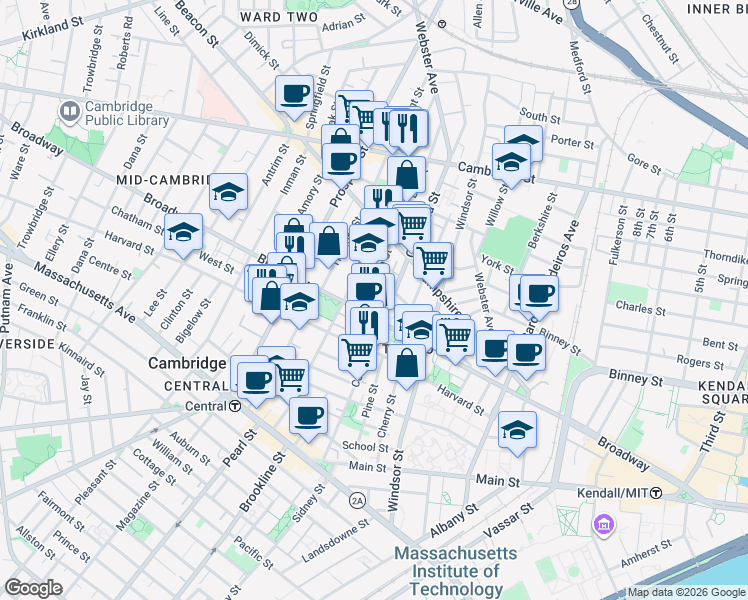 map of restaurants, bars, coffee shops, grocery stores, and more near 235 Columbia Street in Cambridge