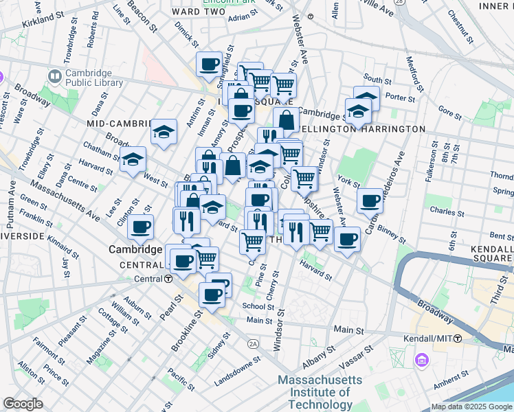 map of restaurants, bars, coffee shops, grocery stores, and more near in Cambridge
