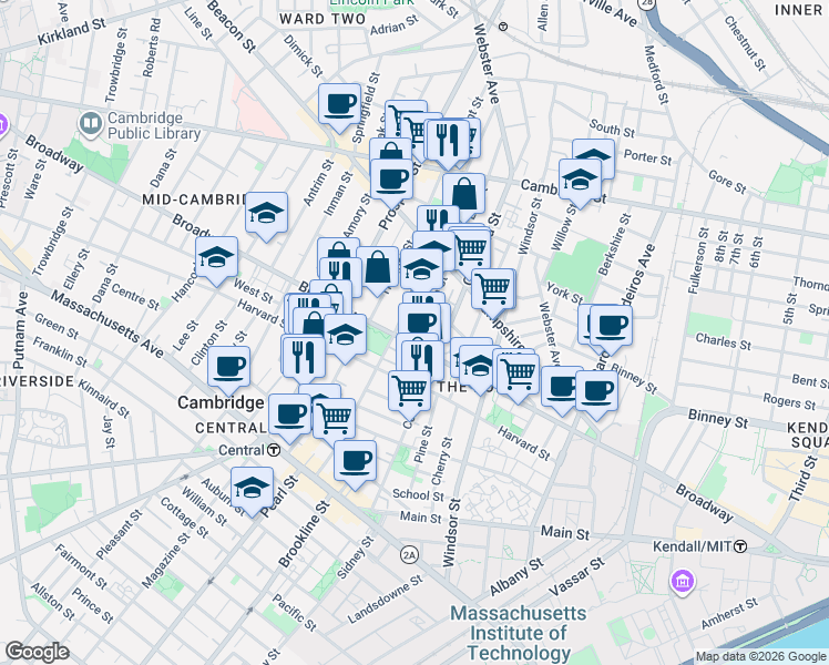 map of restaurants, bars, coffee shops, grocery stores, and more near 198-200 Norfolk Street in Cambridge
