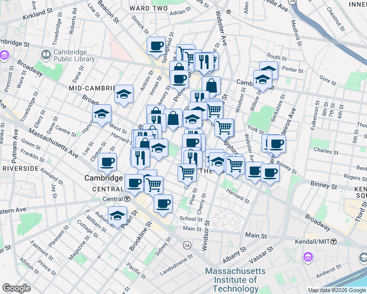 map of restaurants, bars, coffee shops, grocery stores, and more near 198-200 Norfolk Street in Cambridge