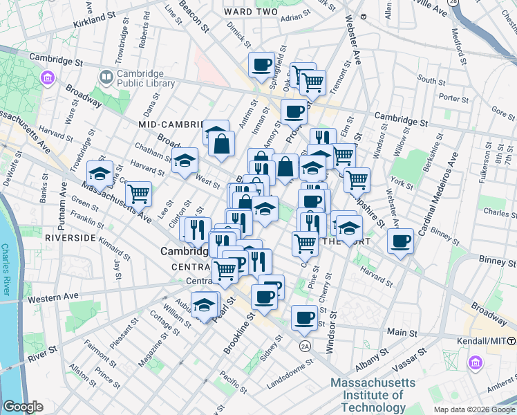 map of restaurants, bars, coffee shops, grocery stores, and more near 149 Prospect Street in Cambridge
