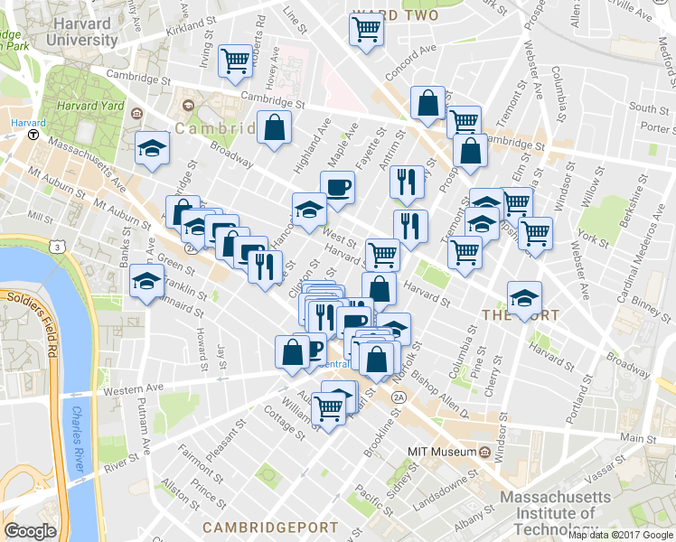 map of restaurants, bars, coffee shops, grocery stores, and more near 17 Bigelow Street in Cambridge