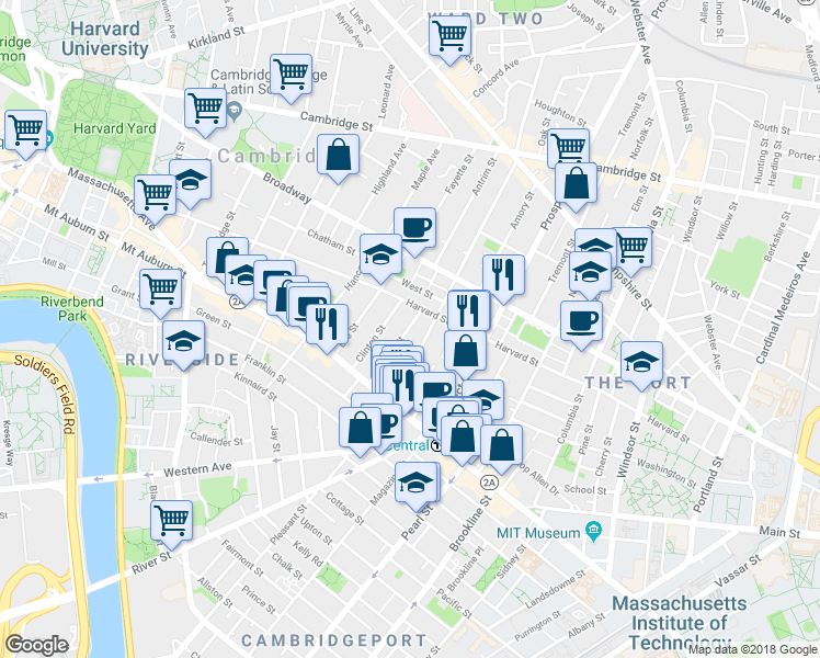 map of restaurants, bars, coffee shops, grocery stores, and more near 17 Bigelow Street in Cambridge