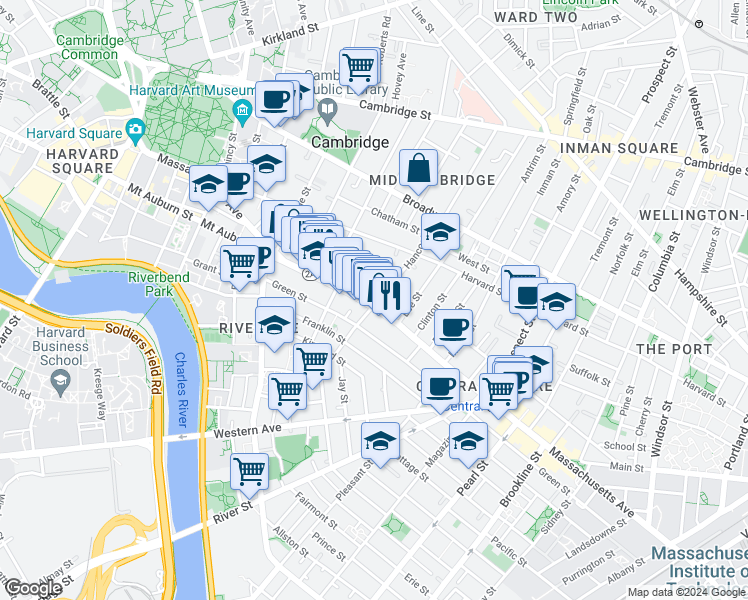 map of restaurants, bars, coffee shops, grocery stores, and more near 929 Massachusetts Avenue in Cambridge