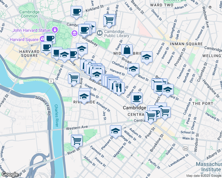 map of restaurants, bars, coffee shops, grocery stores, and more near 929 Massachusetts Avenue in Cambridge