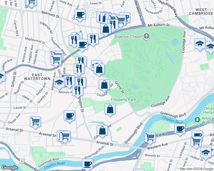 map of restaurants, bars, coffee shops, grocery stores, and more near 133 Grove Street in Watertown
