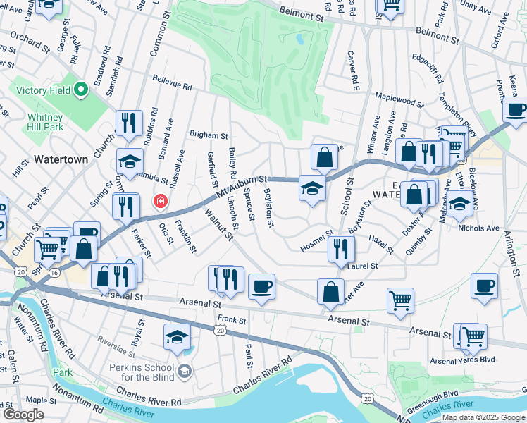 map of restaurants, bars, coffee shops, grocery stores, and more near 33 Boylston Street in Watertown