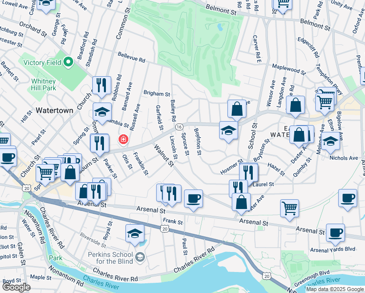 map of restaurants, bars, coffee shops, grocery stores, and more near 20 Lincoln Street in Watertown