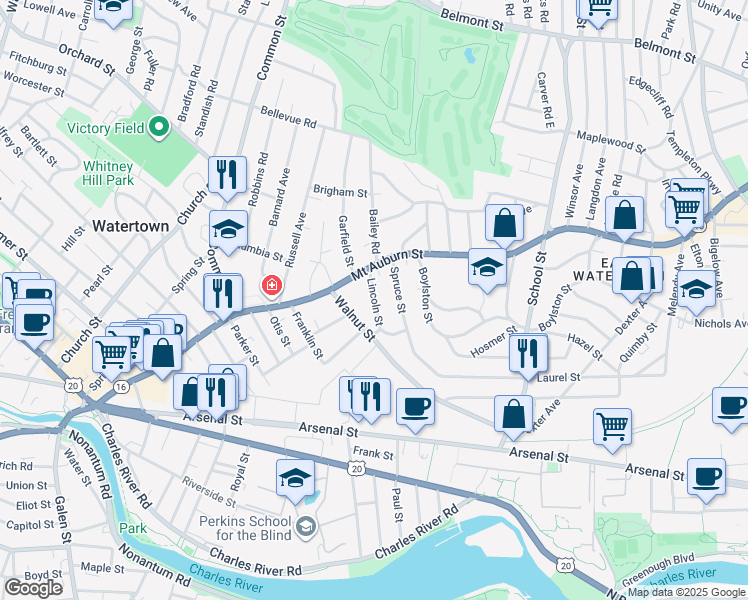 map of restaurants, bars, coffee shops, grocery stores, and more near 20 Lincoln Street in Watertown