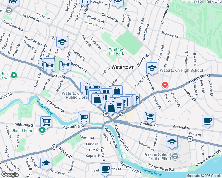 map of restaurants, bars, coffee shops, grocery stores, and more near 49 Fayette Street in Watertown