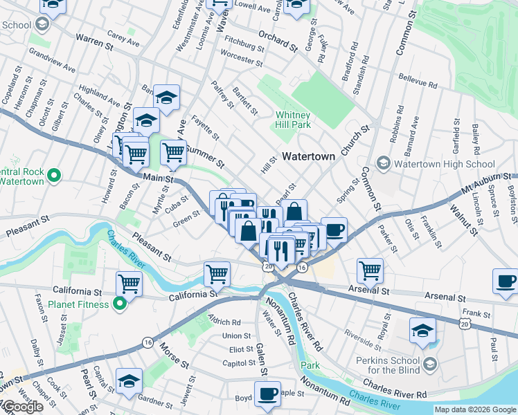 map of restaurants, bars, coffee shops, grocery stores, and more near 105 Summer Street in Watertown