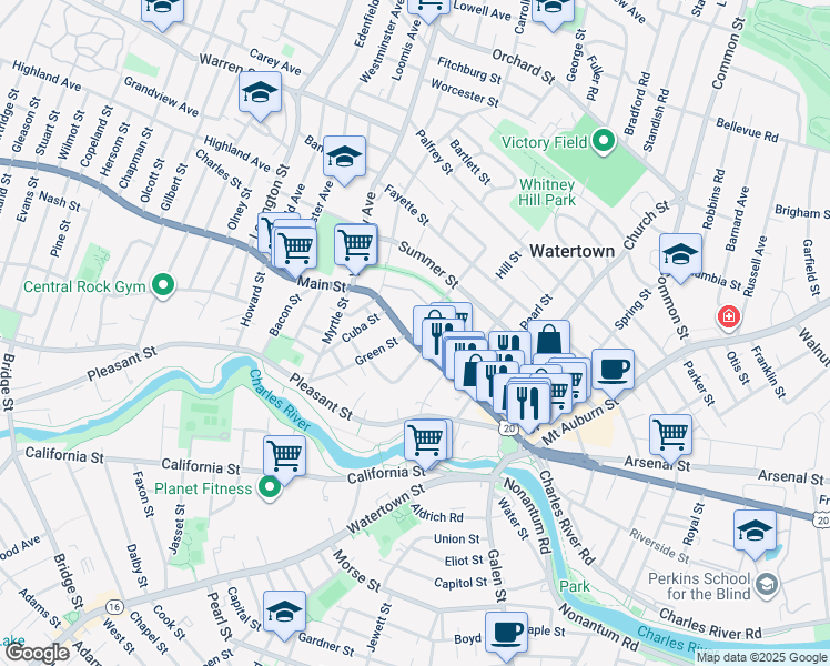 map of restaurants, bars, coffee shops, grocery stores, and more near 24 Whites Avenue in Watertown
