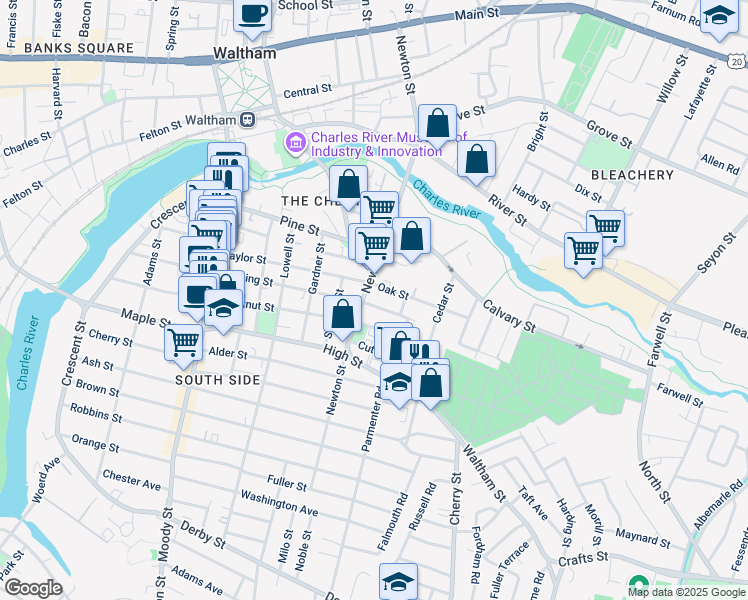 map of restaurants, bars, coffee shops, grocery stores, and more near 244 Newton Street in Waltham