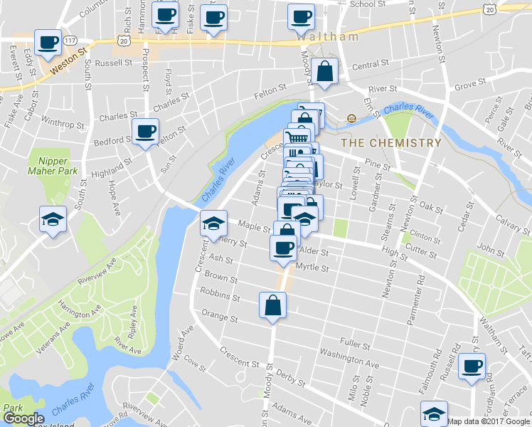 map of restaurants, bars, coffee shops, grocery stores, and more near 40 Chestnut Street in Waltham