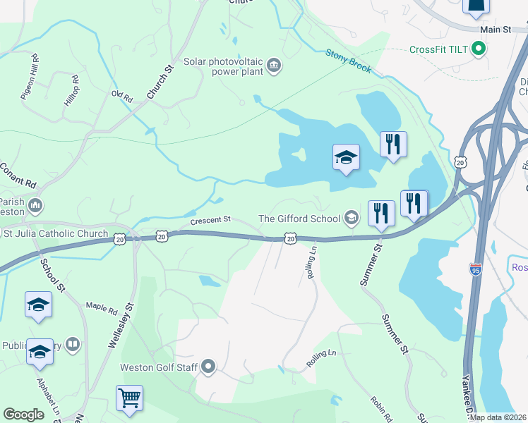 map of restaurants, bars, coffee shops, grocery stores, and more near 17 Hillcrest Road in Weston