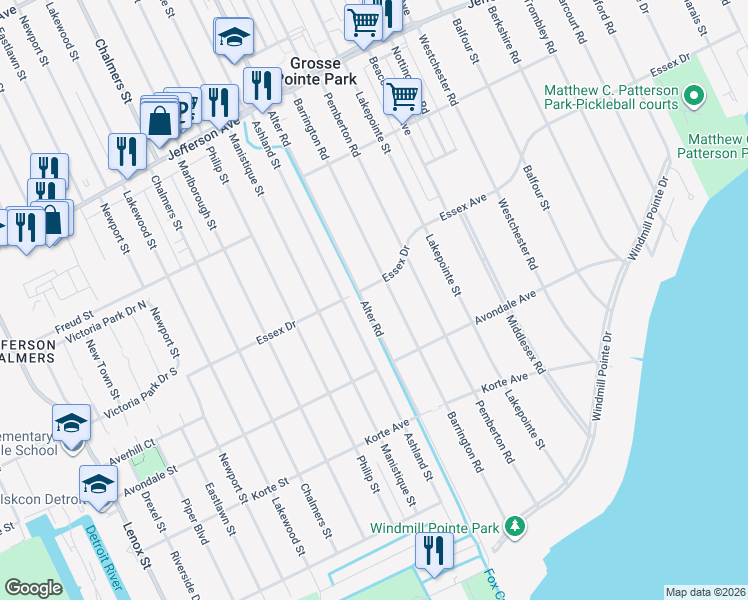 map of restaurants, bars, coffee shops, grocery stores, and more near 785 Essex Drive in Detroit