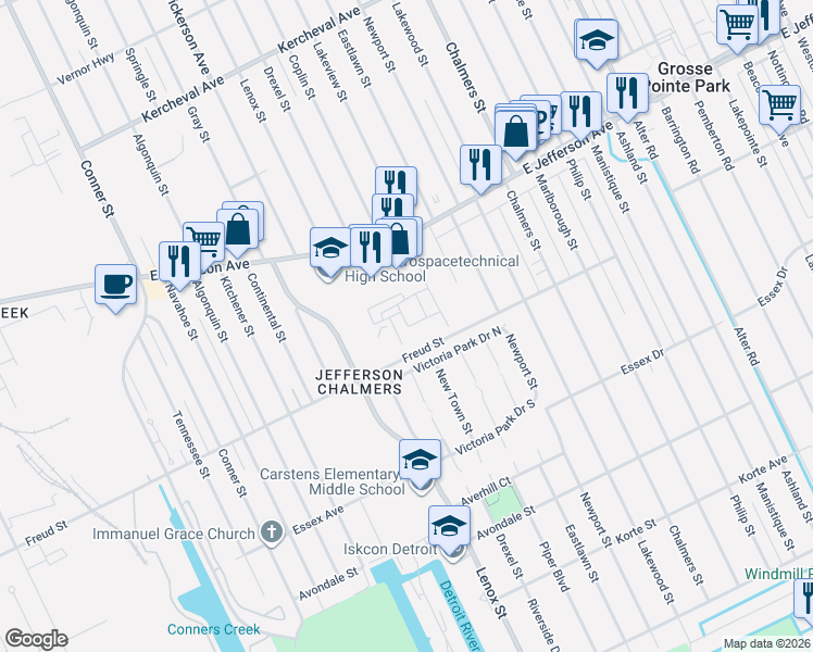 map of restaurants, bars, coffee shops, grocery stores, and more near 787 Coplin Street in Detroit