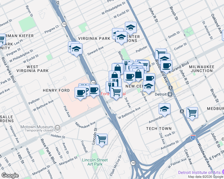 map of restaurants, bars, coffee shops, grocery stores, and more near 7373 3rd Avenue in Detroit