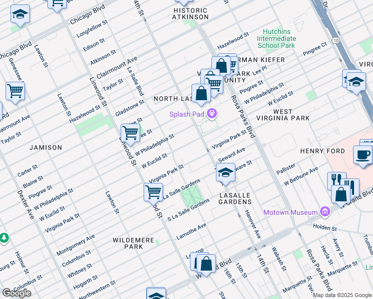 map of restaurants, bars, coffee shops, grocery stores, and more near 2247 West Euclid Street in Detroit