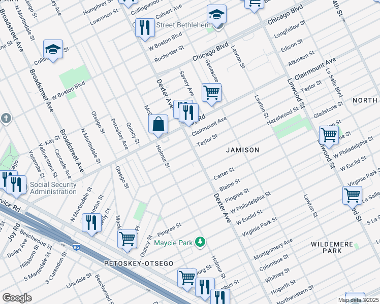 map of restaurants, bars, coffee shops, grocery stores, and more near 9000 Dexter Avenue in Detroit