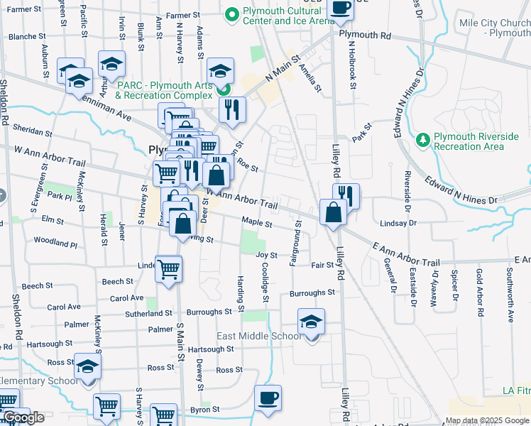 map of restaurants, bars, coffee shops, grocery stores, and more near 390 West Ann Arbor Trail in Plymouth