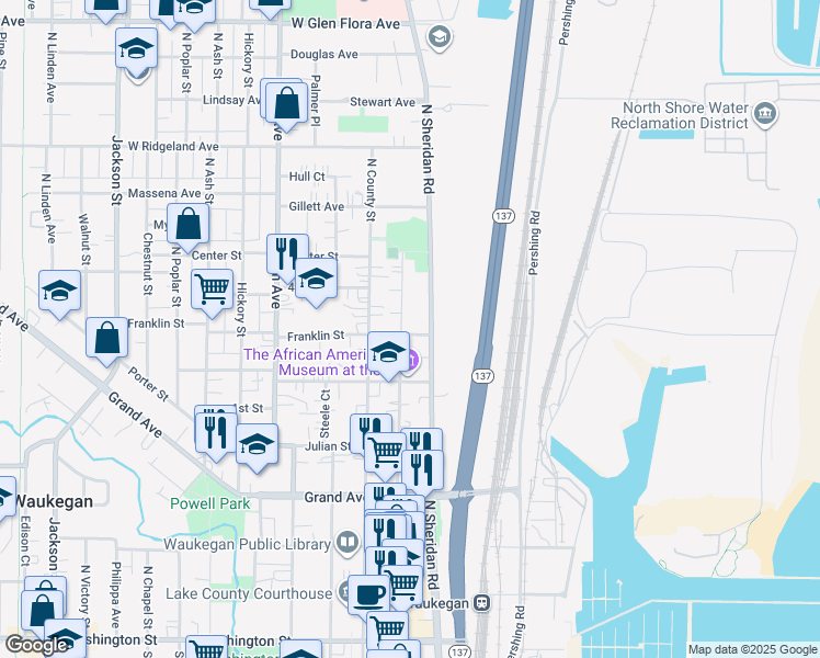 map of restaurants, bars, coffee shops, grocery stores, and more near 613 North Genesee Street in Waukegan