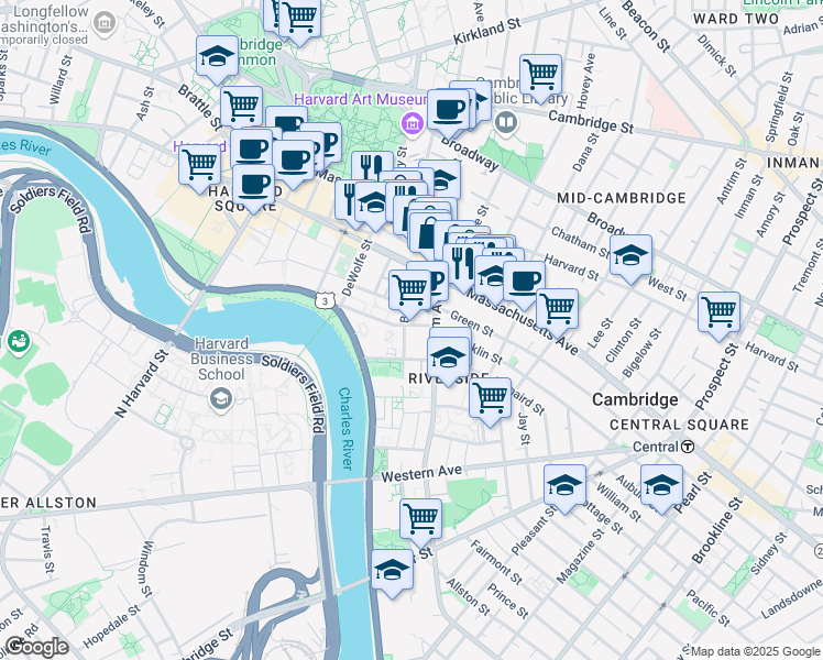 map of restaurants, bars, coffee shops, grocery stores, and more near 69 Bank Avenue in Cambridge