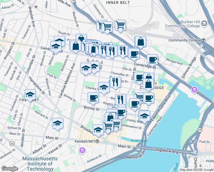 map of restaurants, bars, coffee shops, grocery stores, and more near 123 Spring Street in Cambridge