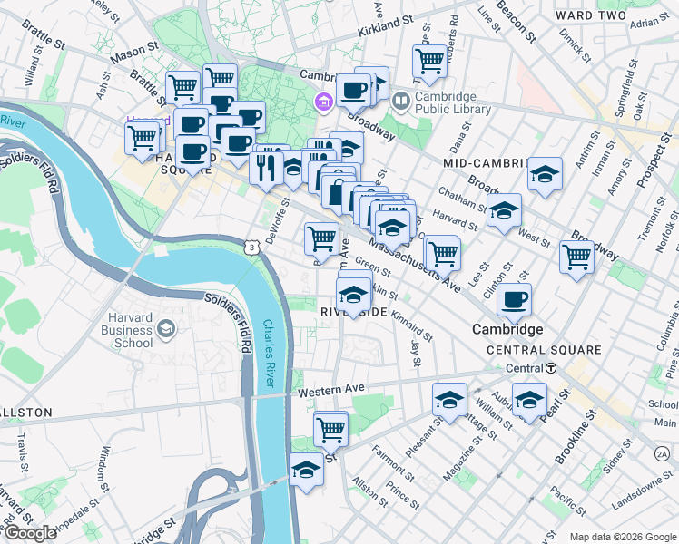 map of restaurants, bars, coffee shops, grocery stores, and more near 31 Putnam Avenue in Cambridge