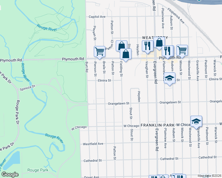 map of restaurants, bars, coffee shops, grocery stores, and more near 10033 Patton Street in Detroit