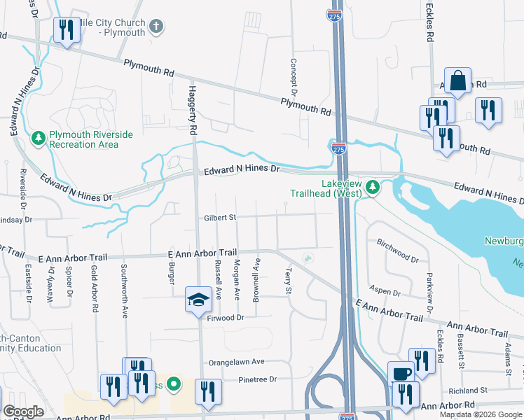 map of restaurants, bars, coffee shops, grocery stores, and more near 11847 Brownell Avenue in Plymouth