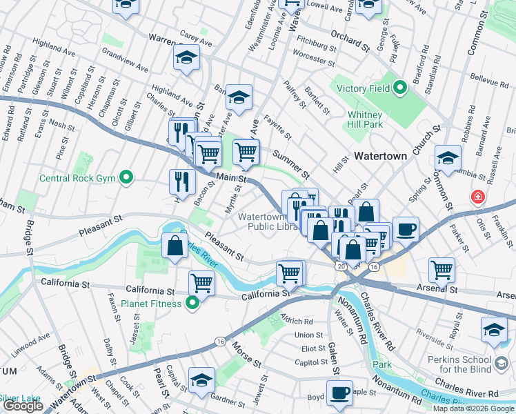 map of restaurants, bars, coffee shops, grocery stores, and more near 18 Cuba Street in Watertown