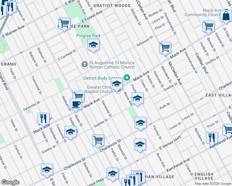 map of restaurants, bars, coffee shops, grocery stores, and more near 3544 Iroquois Avenue in Detroit