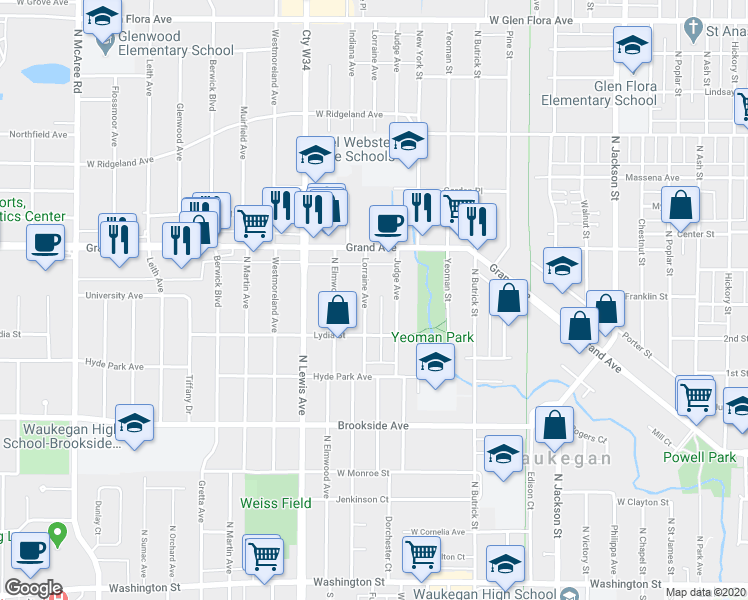 map of restaurants, bars, coffee shops, grocery stores, and more near 611 Lorraine Avenue in Waukegan