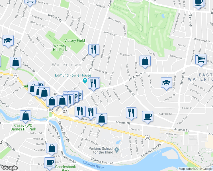 map of restaurants, bars, coffee shops, grocery stores, and more near 16 Russell Avenue in Watertown