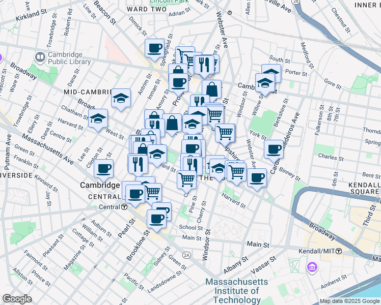 map of restaurants, bars, coffee shops, grocery stores, and more near 198-200 Norfolk Street in Cambridge