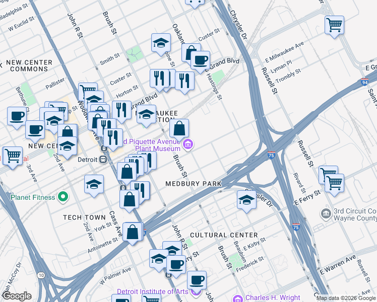 map of restaurants, bars, coffee shops, grocery stores, and more near 461 Piquette Avenue in Detroit