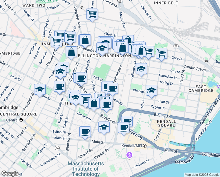 map of restaurants, bars, coffee shops, grocery stores, and more near 14 Vandine Street in Cambridge