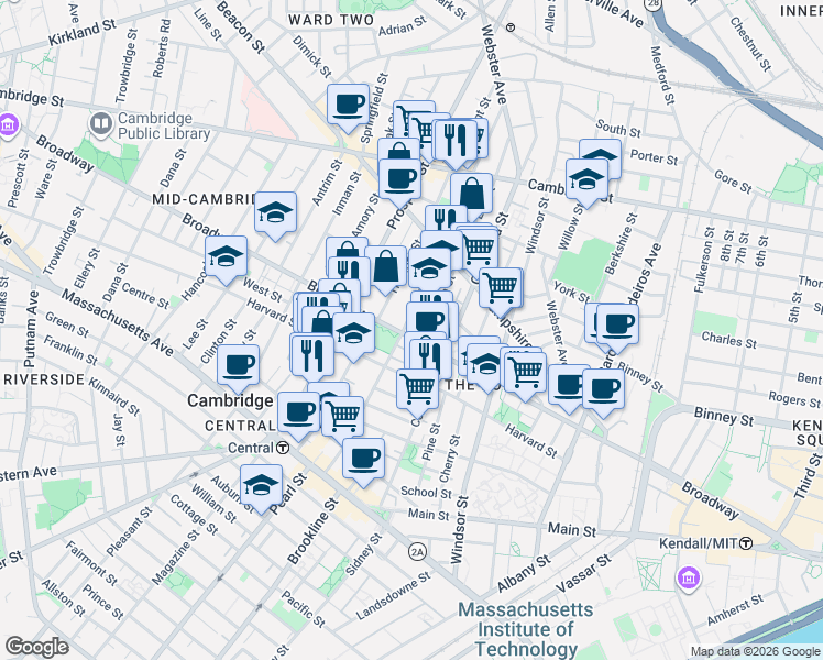 map of restaurants, bars, coffee shops, grocery stores, and more near 289 Broadway in Cambridge