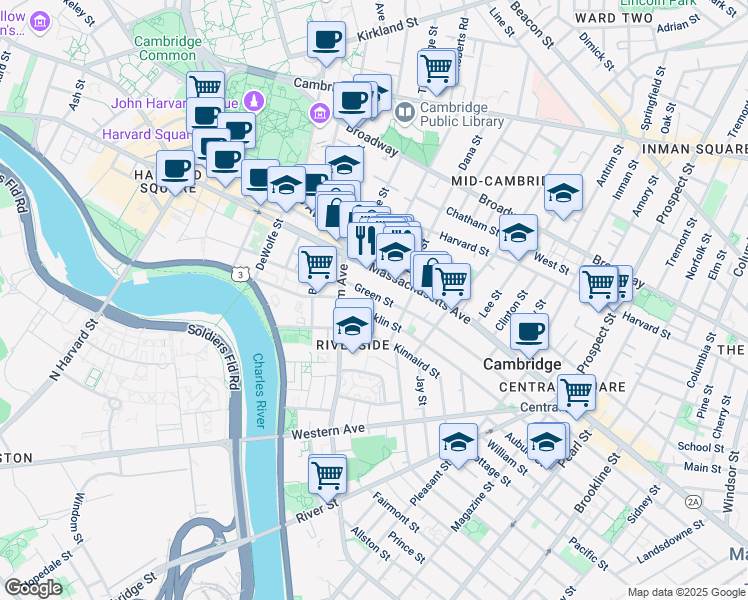 map of restaurants, bars, coffee shops, grocery stores, and more near 624 Green Street in Cambridge