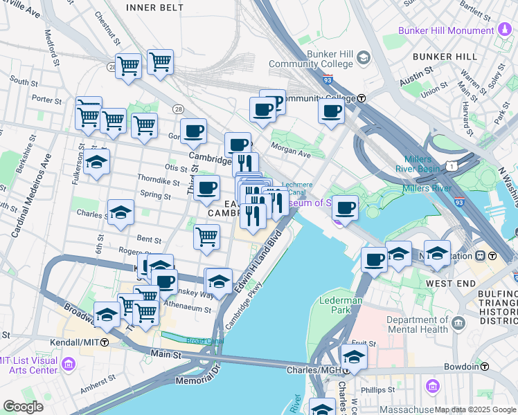 map of restaurants, bars, coffee shops, grocery stores, and more near 100 Cambridgeside Place in Cambridge