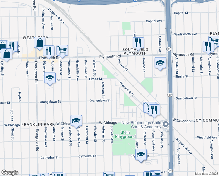 map of restaurants, bars, coffee shops, grocery stores, and more near 10014 Artesian Street in Detroit