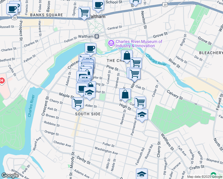 map of restaurants, bars, coffee shops, grocery stores, and more near 79 Cushing Street in Waltham