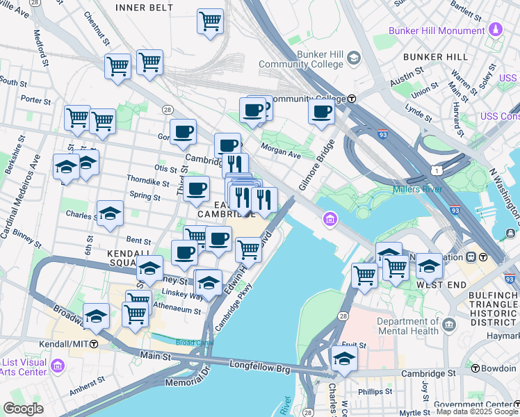map of restaurants, bars, coffee shops, grocery stores, and more near 32 First Street in Cambridge