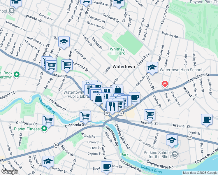 map of restaurants, bars, coffee shops, grocery stores, and more near 105 Summer Street in Watertown