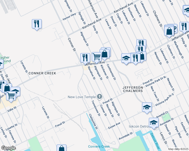 map of restaurants, bars, coffee shops, grocery stores, and more near 954 Navahoe Street in Detroit