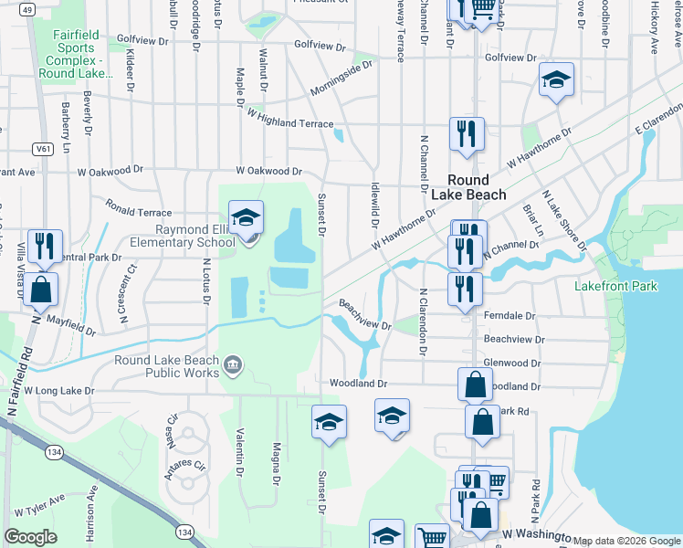 map of restaurants, bars, coffee shops, grocery stores, and more near 528 West Hawthorne Drive in Round Lake Beach