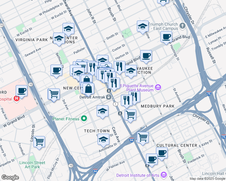 map of restaurants, bars, coffee shops, grocery stores, and more near 6402 Woodward Avenue in Detroit