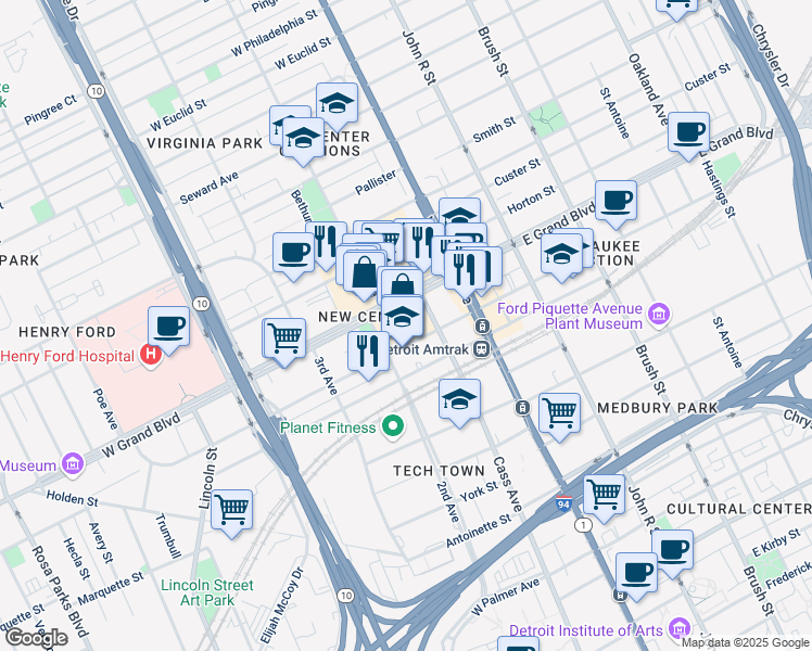 map of restaurants, bars, coffee shops, grocery stores, and more near 3044 West Grand Boulevard in Detroit